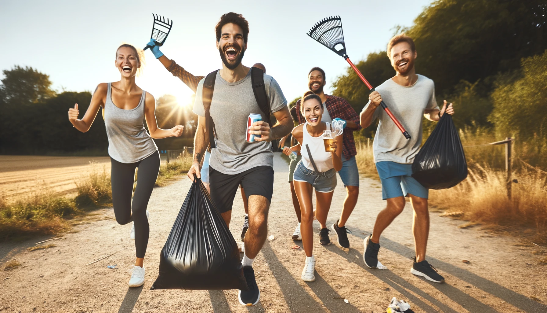 Image shows joyous runners carrying rakes and trash bags