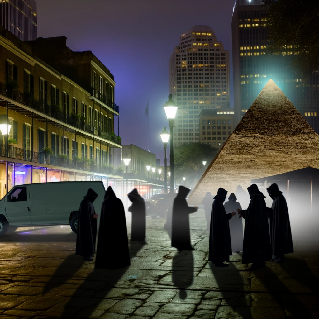 ominous hooded figures gather in the fog of the french quarter